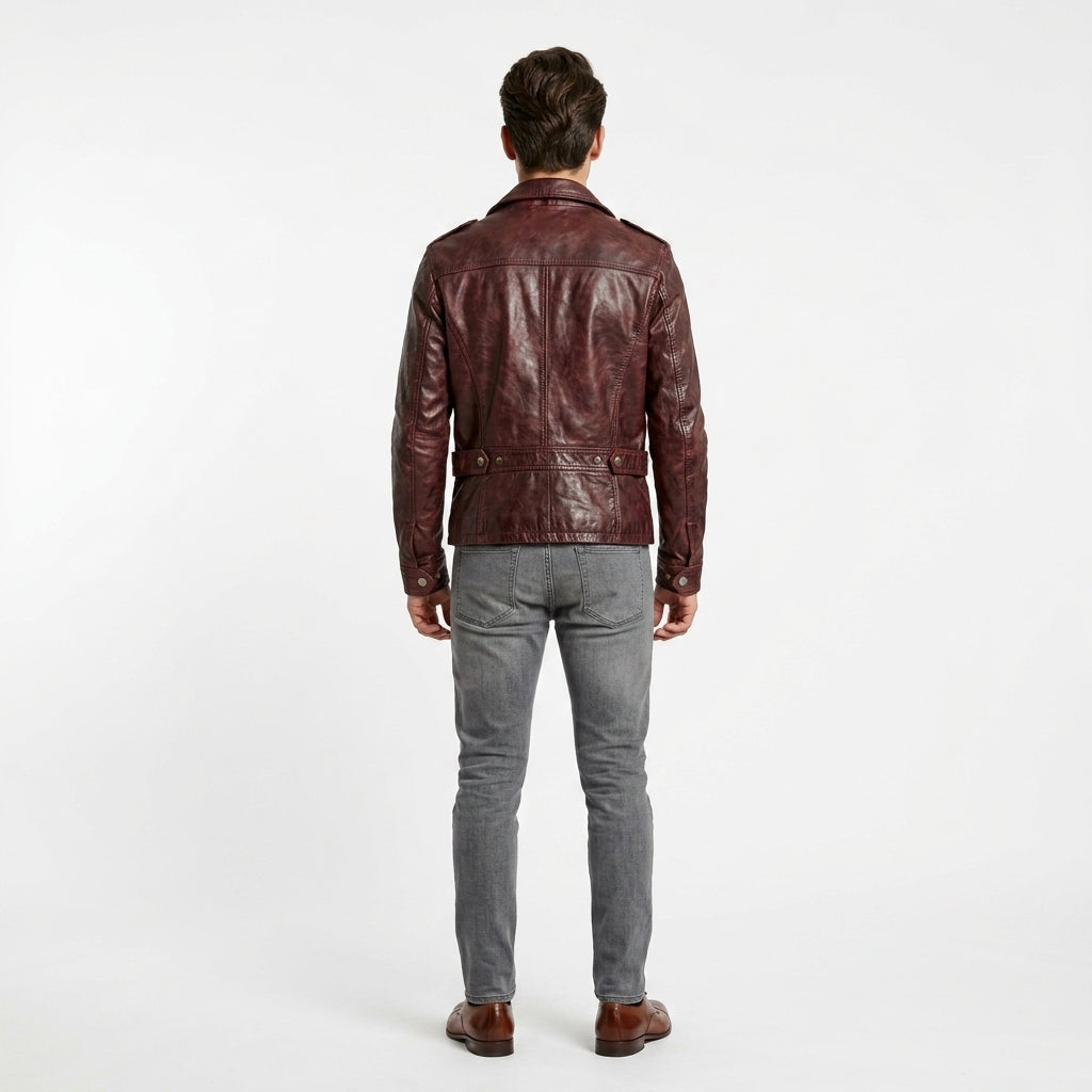 Burgundy leather jacket for man.