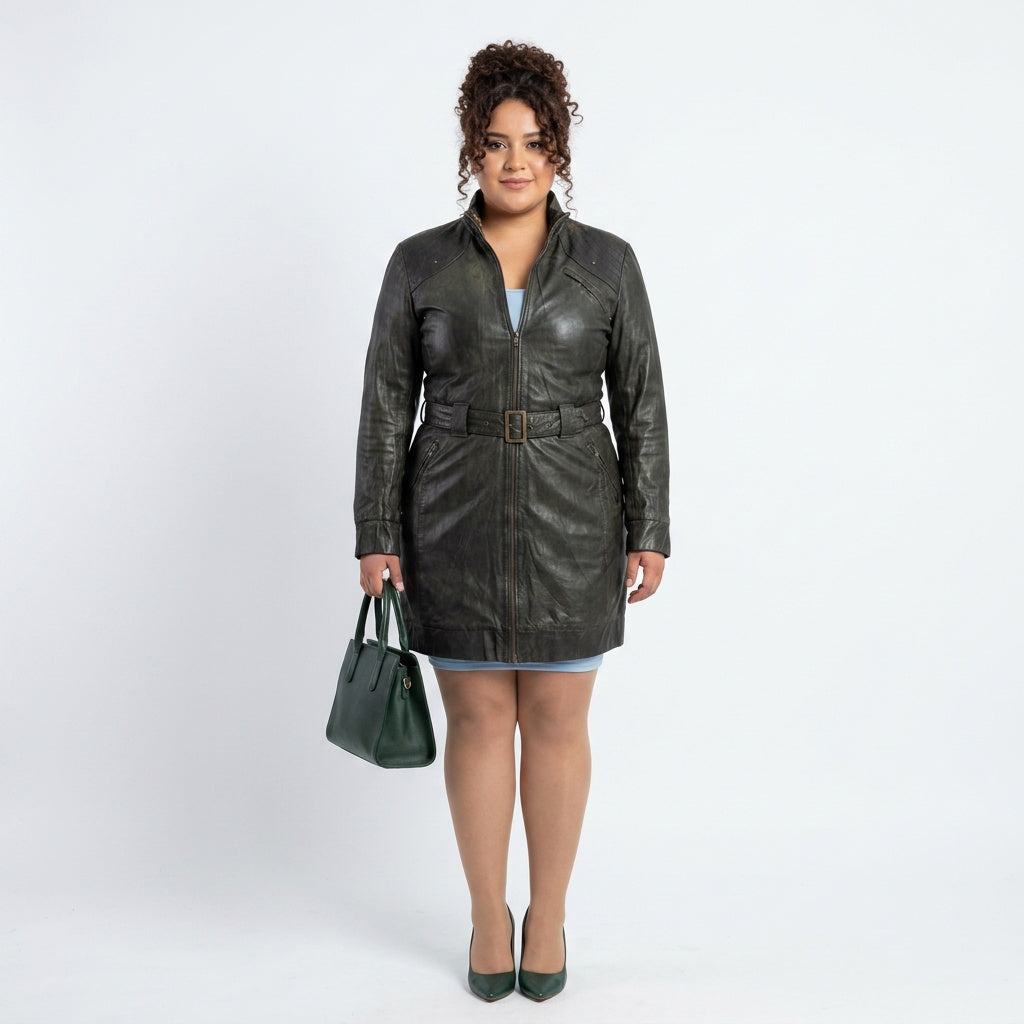 Ladies green leather jacket.