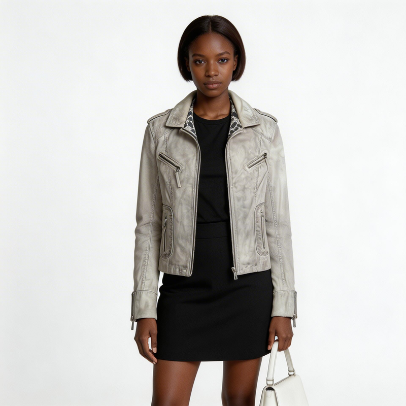 Ladies dirty white leather jacket.
