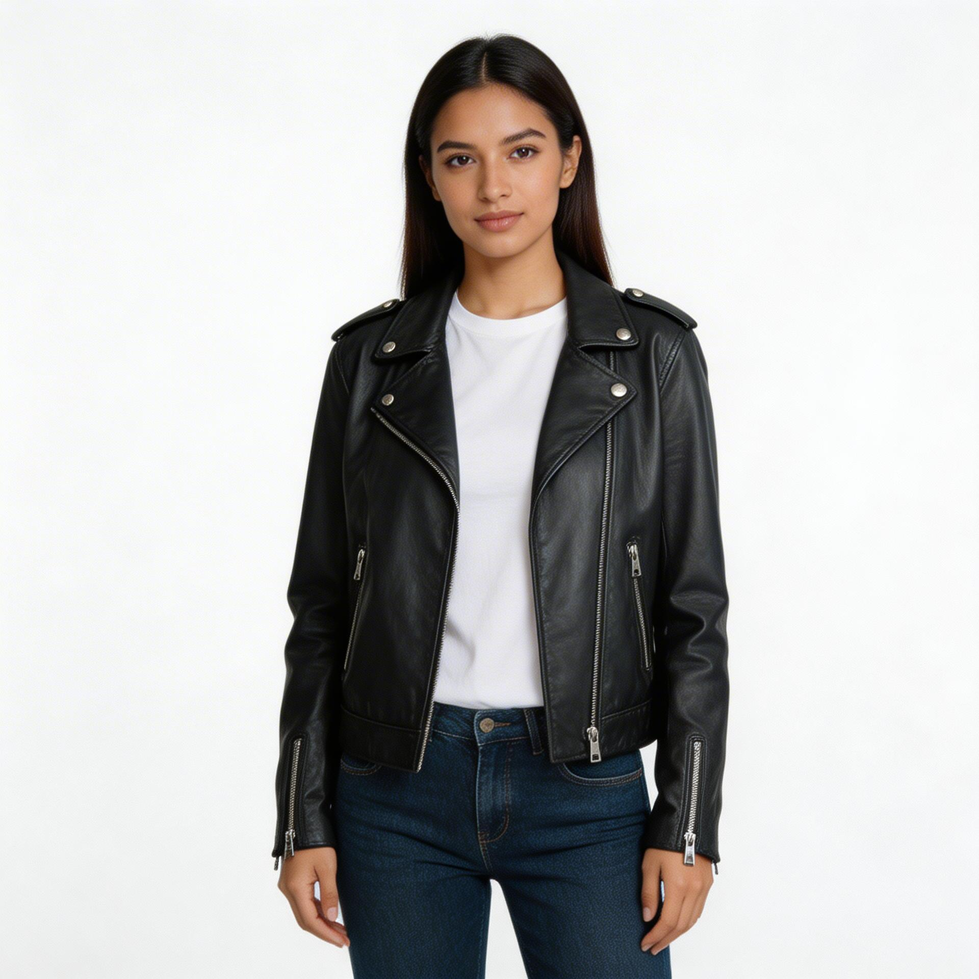 Ladies black leather jacket.