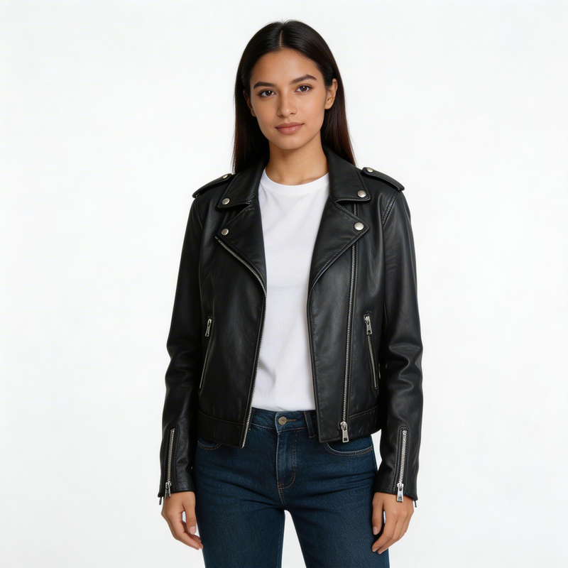 Ladies black leather jacket.