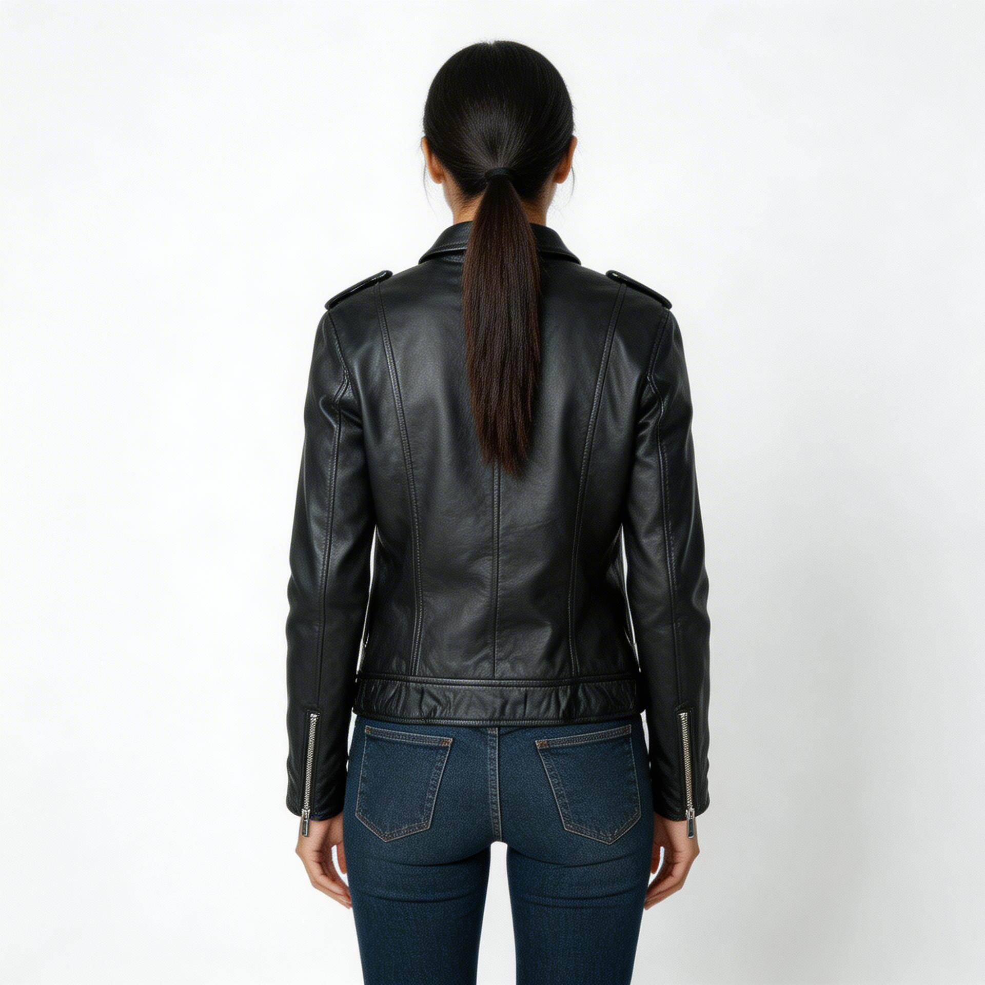 Ladies black leather jacket.