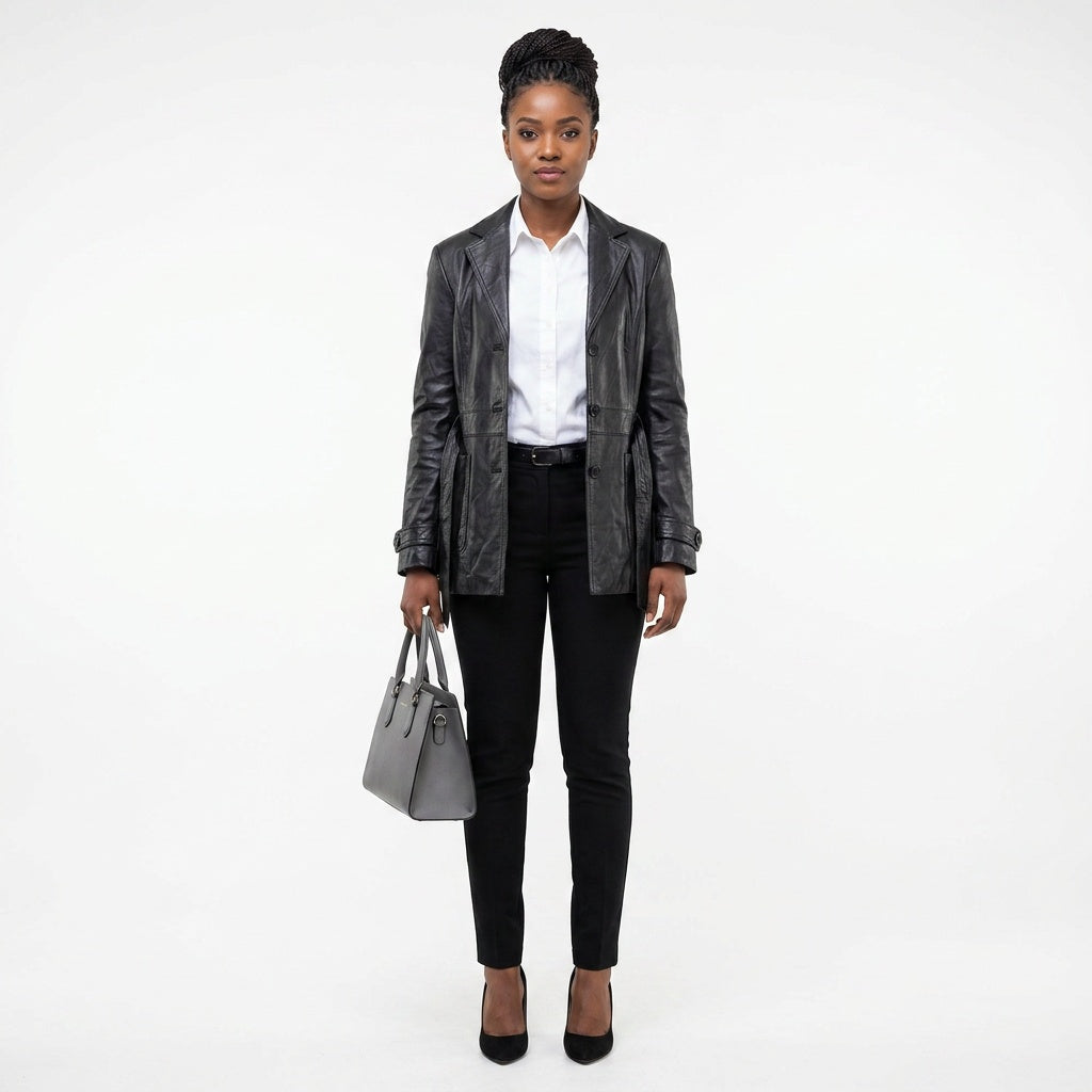 Ladies black leather jacket.