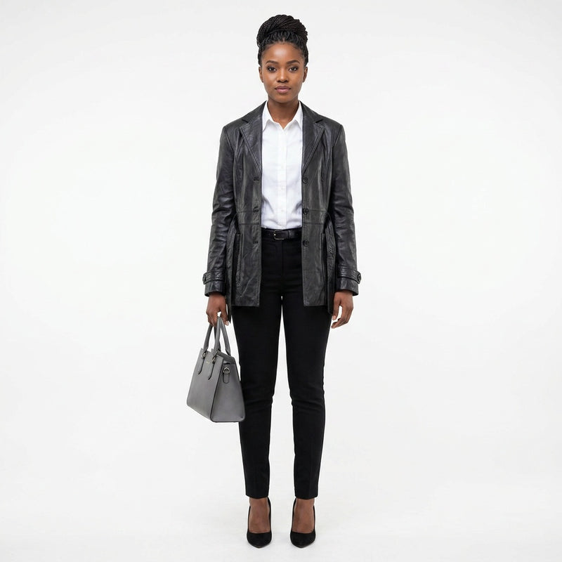 Ladies black leather jacket.