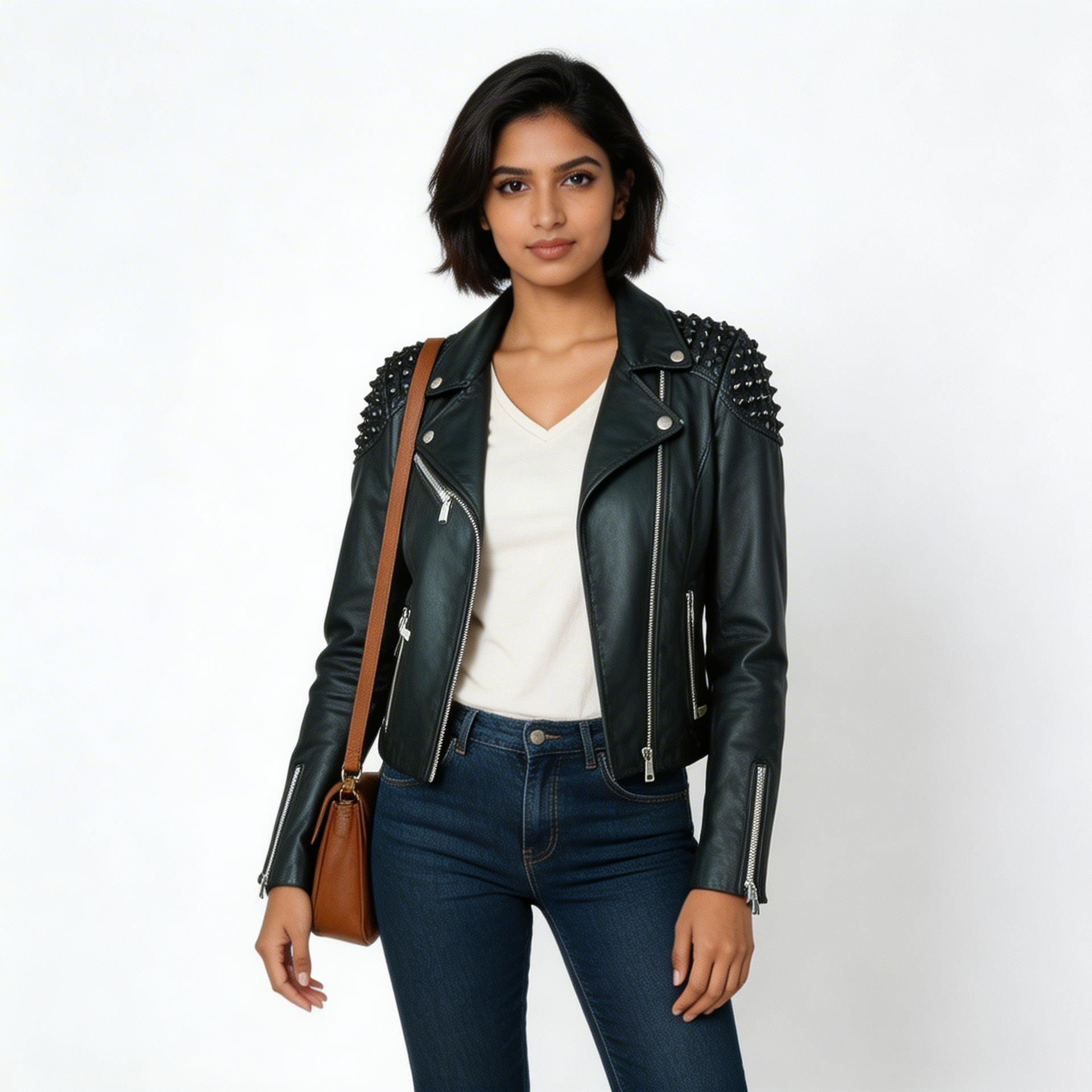 Ladies black leather jacket.