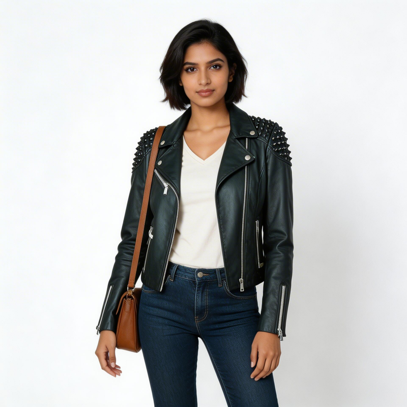 Ladies black leather jacket.