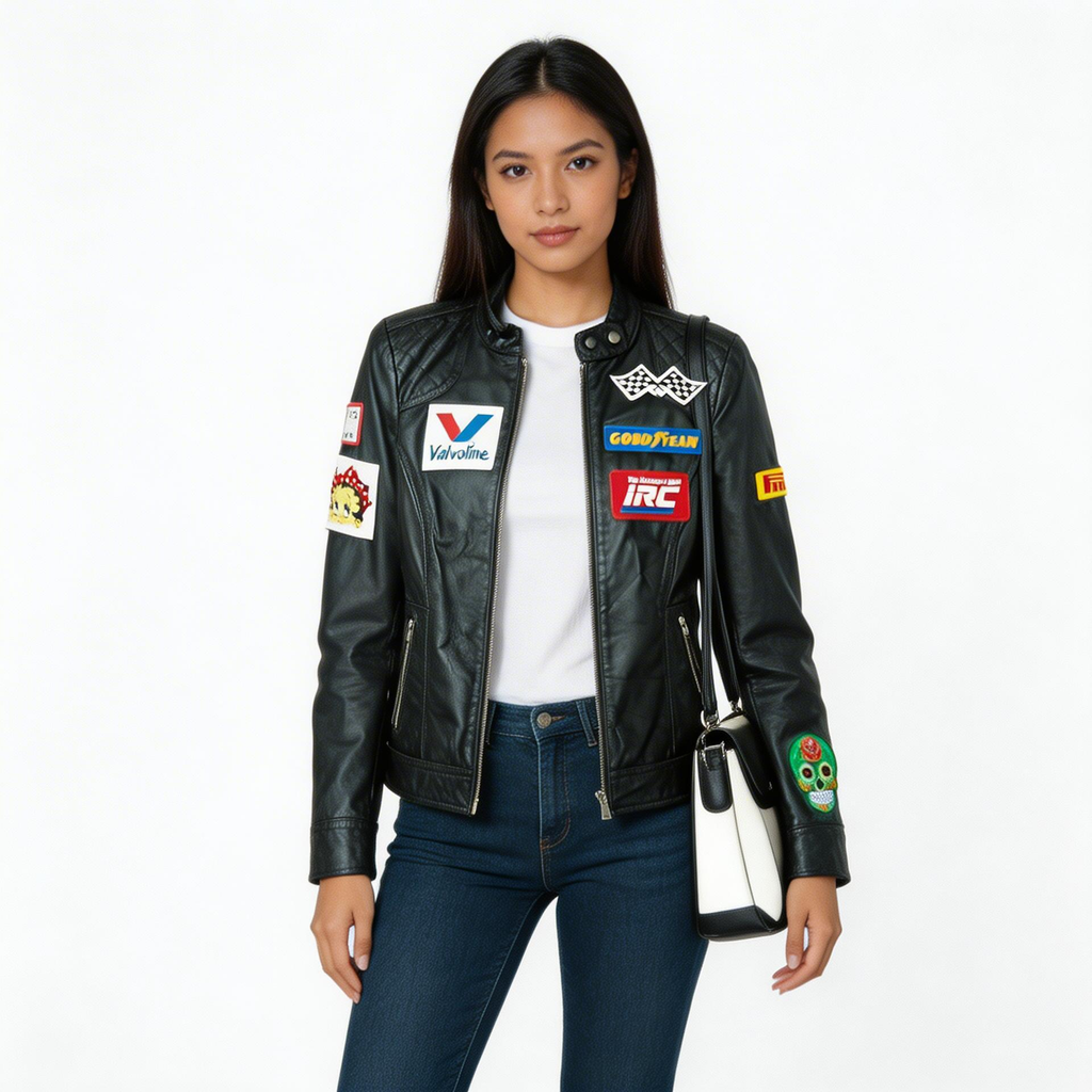 Ladies black leather jacket.
