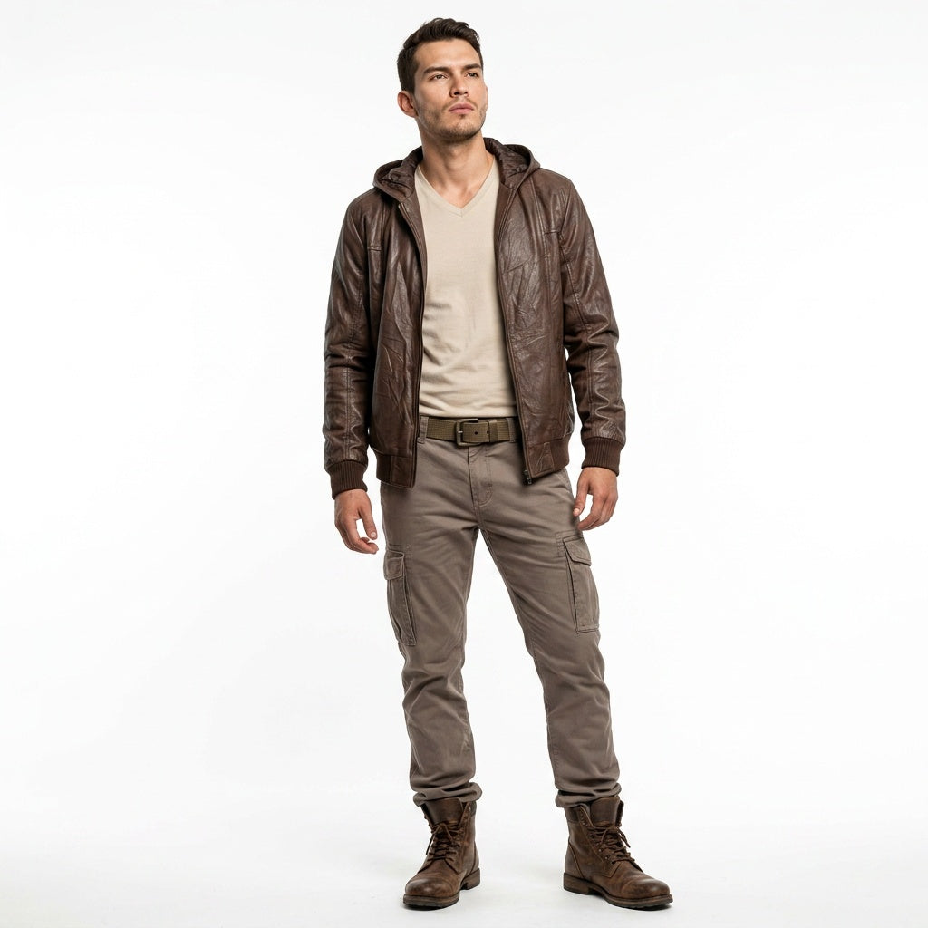 Brown leather jacket for men.
